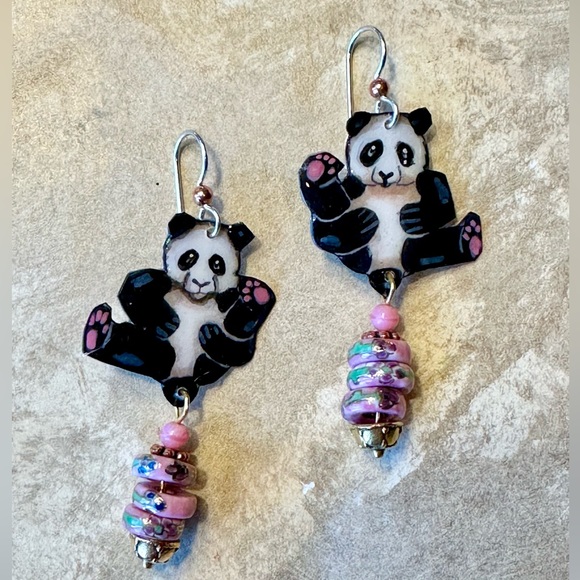 Giant Panda handmade painted w pink porcelain beads OOAK pierced sterling - Picture 1 of 4